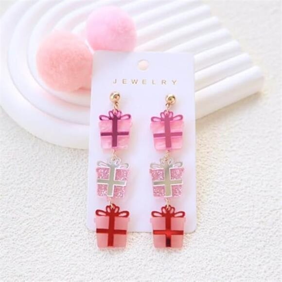 🎄 Pink Christmas Gift Box Earrings | Cute Holiday Dangle Jewelry | Festive Gift - Picture 4 of 6